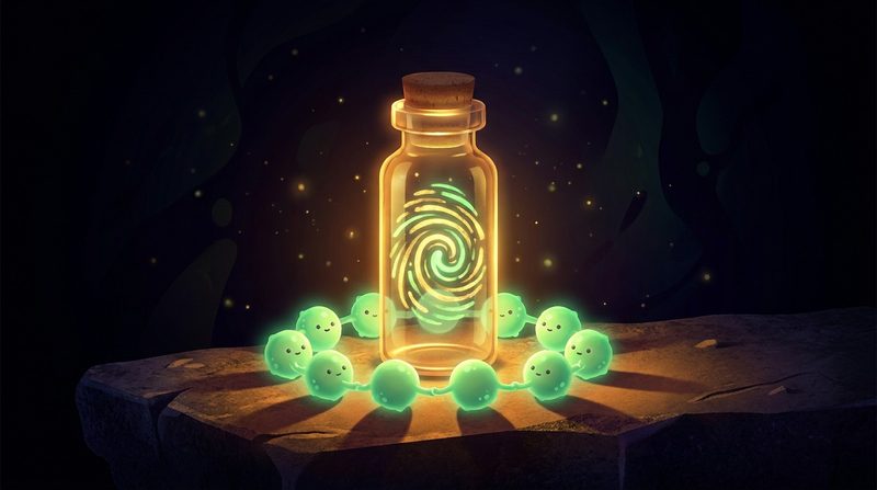 Illustration: a glowing vial holding a fingerprint-like pattern, ringed by bright green immune cells