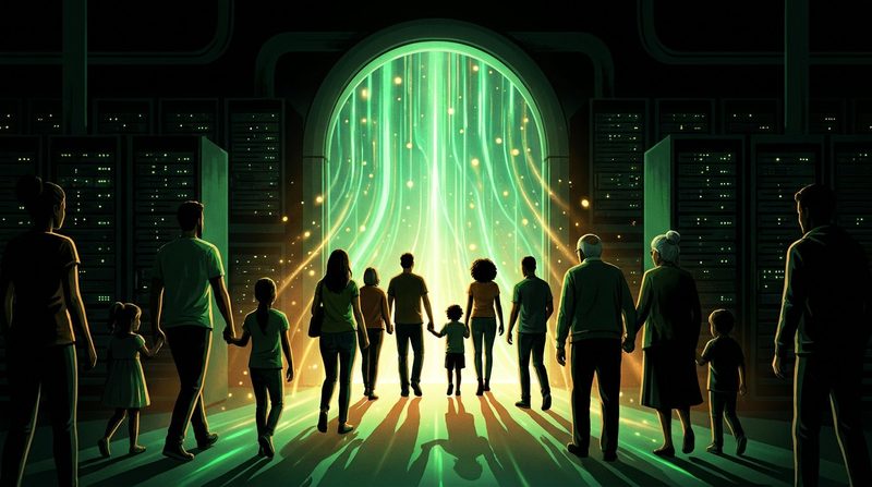 Illustration: a glowing open doorway in a dark server hall, with people of different ages walking toward it