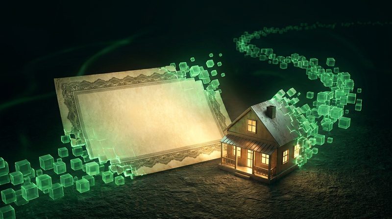 Illustration: a certificate and a small model house dissolving into glowing green blocks linked in a chain
