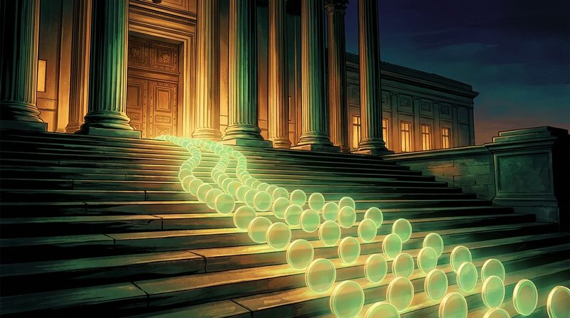 Illustration: glowing coins flowing in orderly rows up the steps of a columned courthouse at dusk